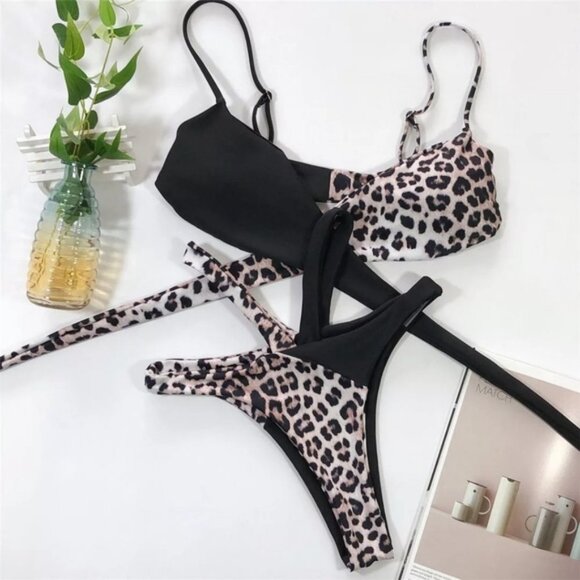 Leopard Contrast Bralette Wrap Around Bikini Set - Picture 6 of 8